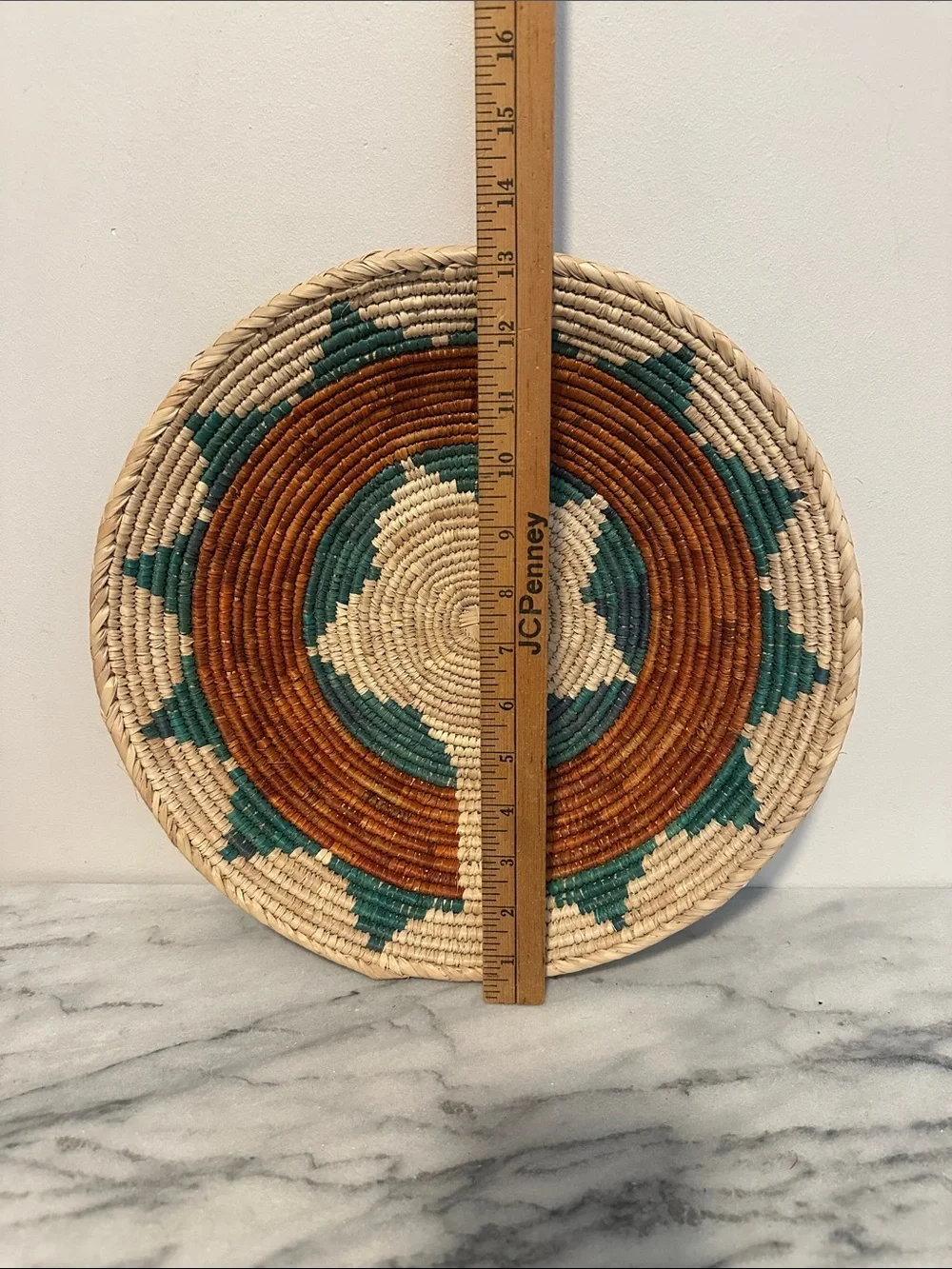Vintage African Handwoven Decorative Wall Basket in Natural, Teal, and Brown